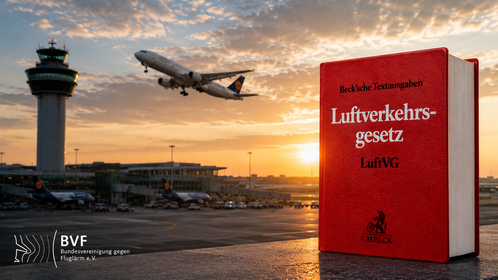 Startendes Flugzeug mit Flughafentower im Hintergrund, vorne in rot Luftverkehrsgesetz, links in der Ecke das Logo der BVF